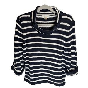 Petite Large Nautical Knit Sweater Cowl Neck Navy Blue & White Stripes